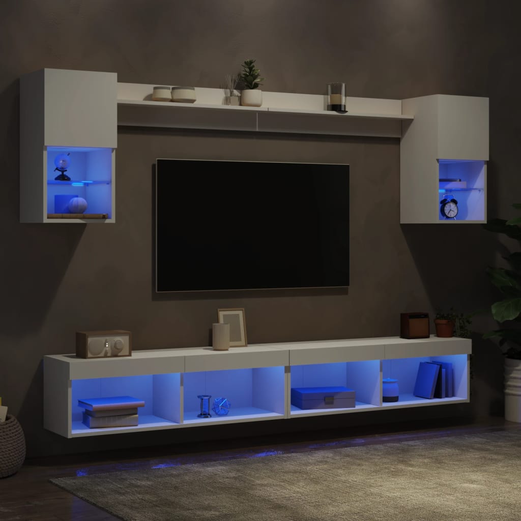 vidaXL 6-tlg. Wohnwand mit LED-Beleuchtung Weiß Holzwerkstoff