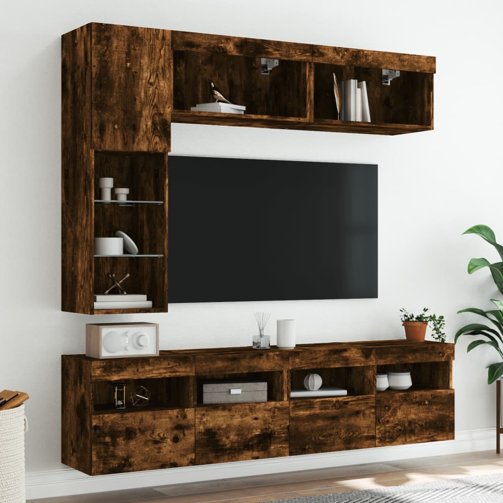 vidaXL 7-tlg. TV-Wohnwand mit LED-Leuchten Räuchereiche