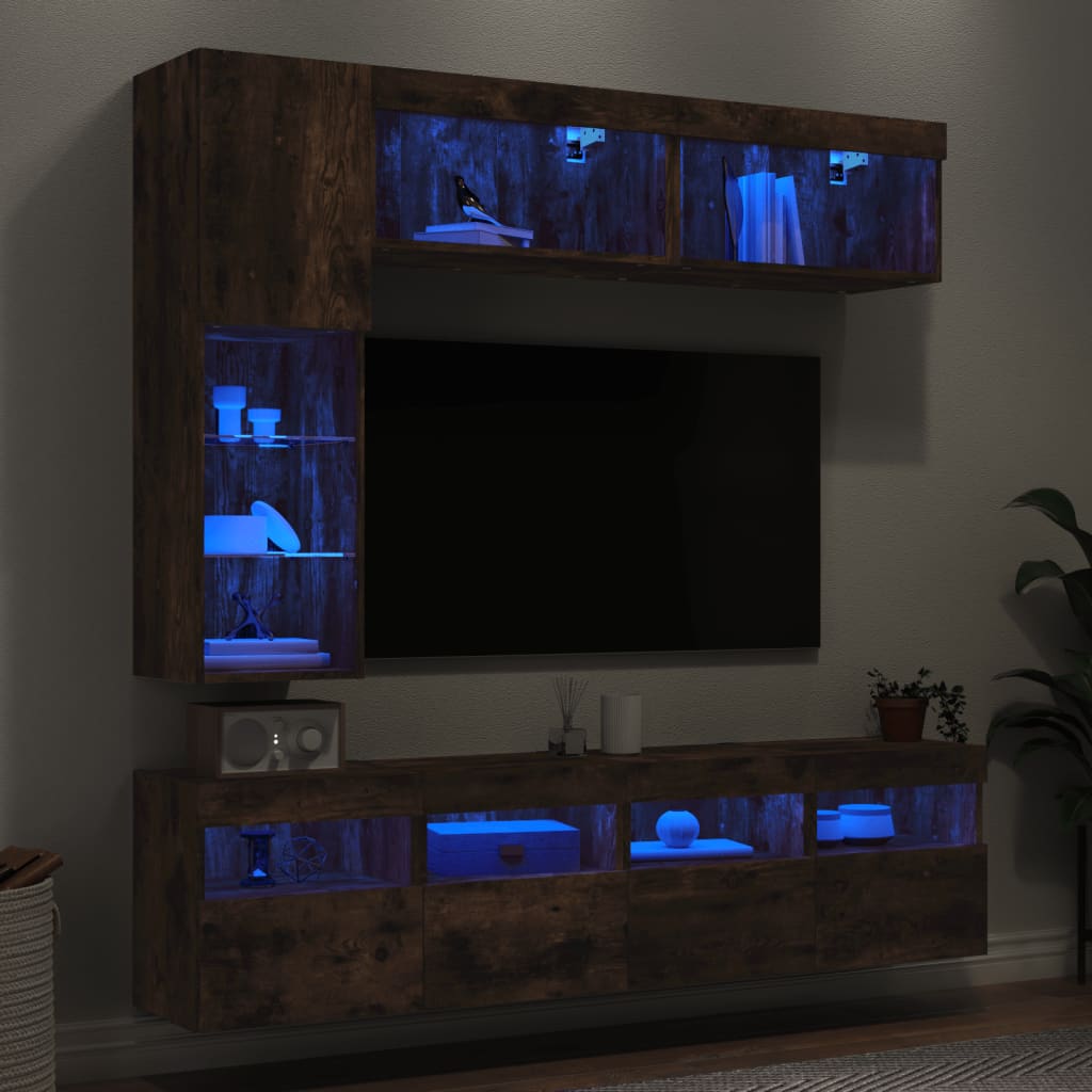 vidaXL 7-tlg. TV-Wohnwand mit LED-Leuchten Räuchereiche