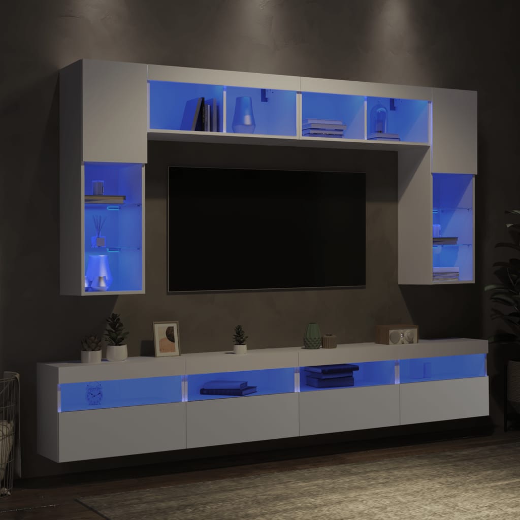 vidaXL 8-tlg. TV-Wohnwand mit LED-Leuchten Weiß