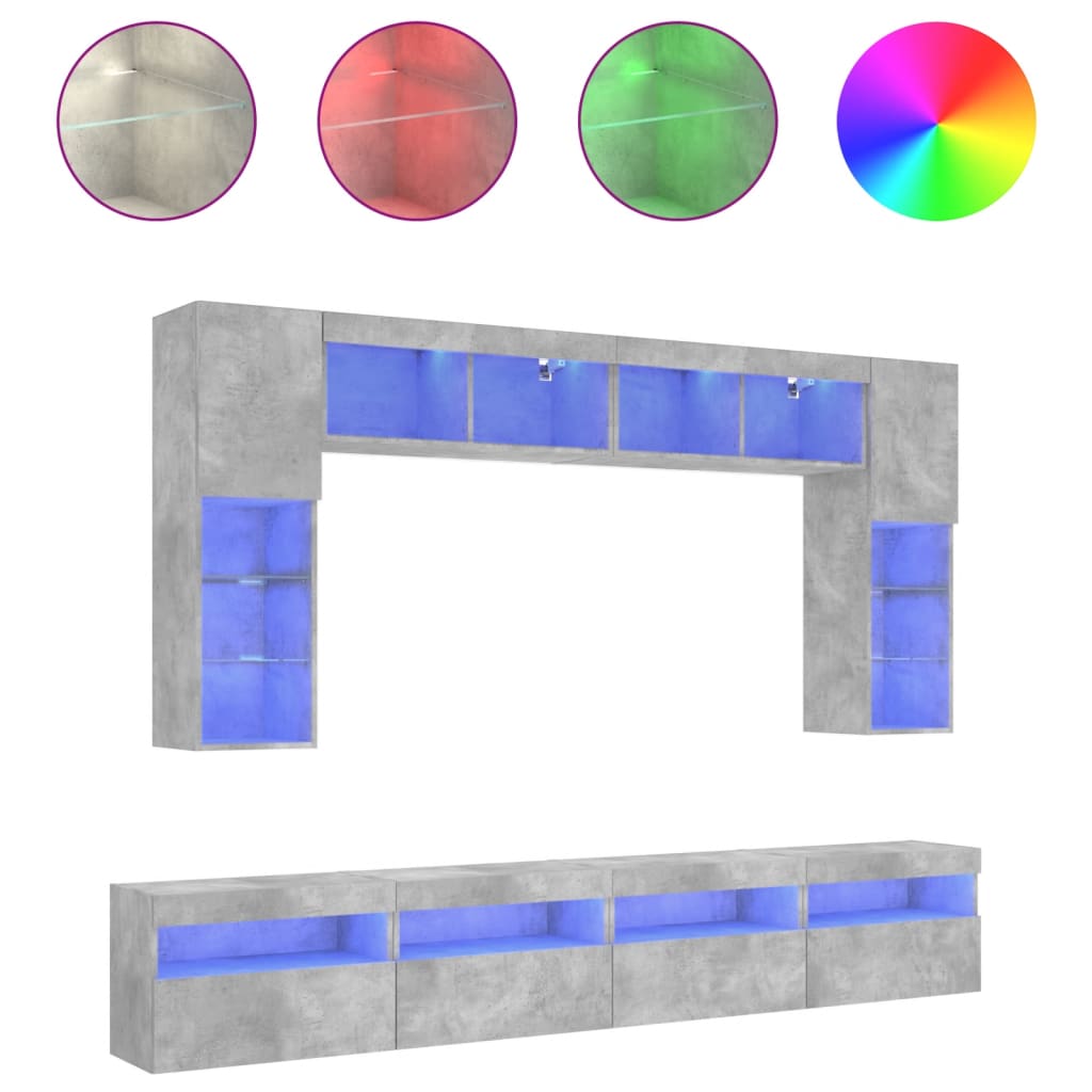 vidaXL 8-tlg. TV-Wohnwand mit LED-Leuchten Betongrau