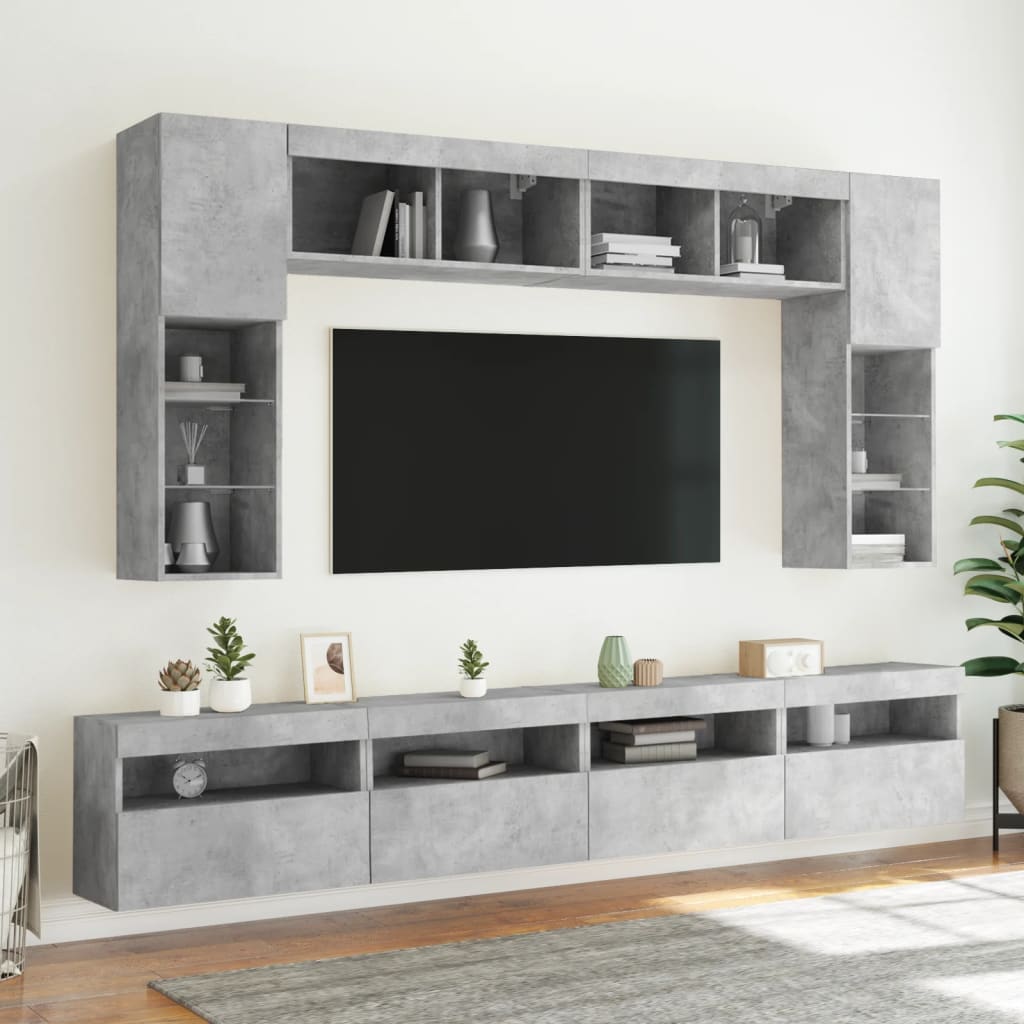 vidaXL 8-tlg. TV-Wohnwand mit LED-Leuchten Betongrau