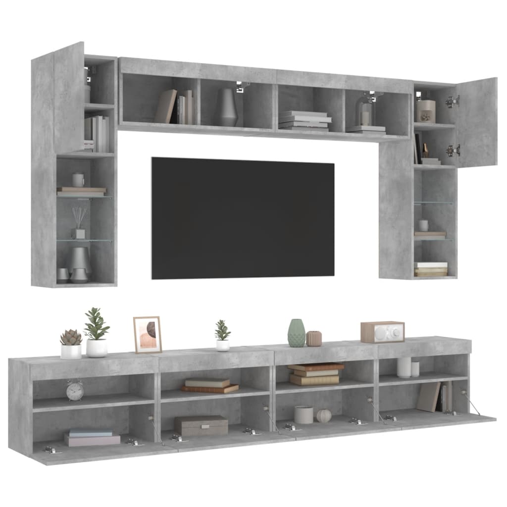 vidaXL 8-tlg. TV-Wohnwand mit LED-Leuchten Betongrau