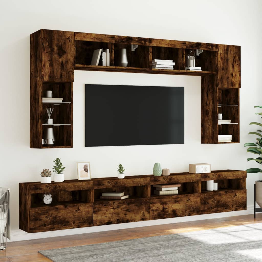 vidaXL 8-tlg. TV-Wohnwand mit LED-Leuchten Räuchereiche
