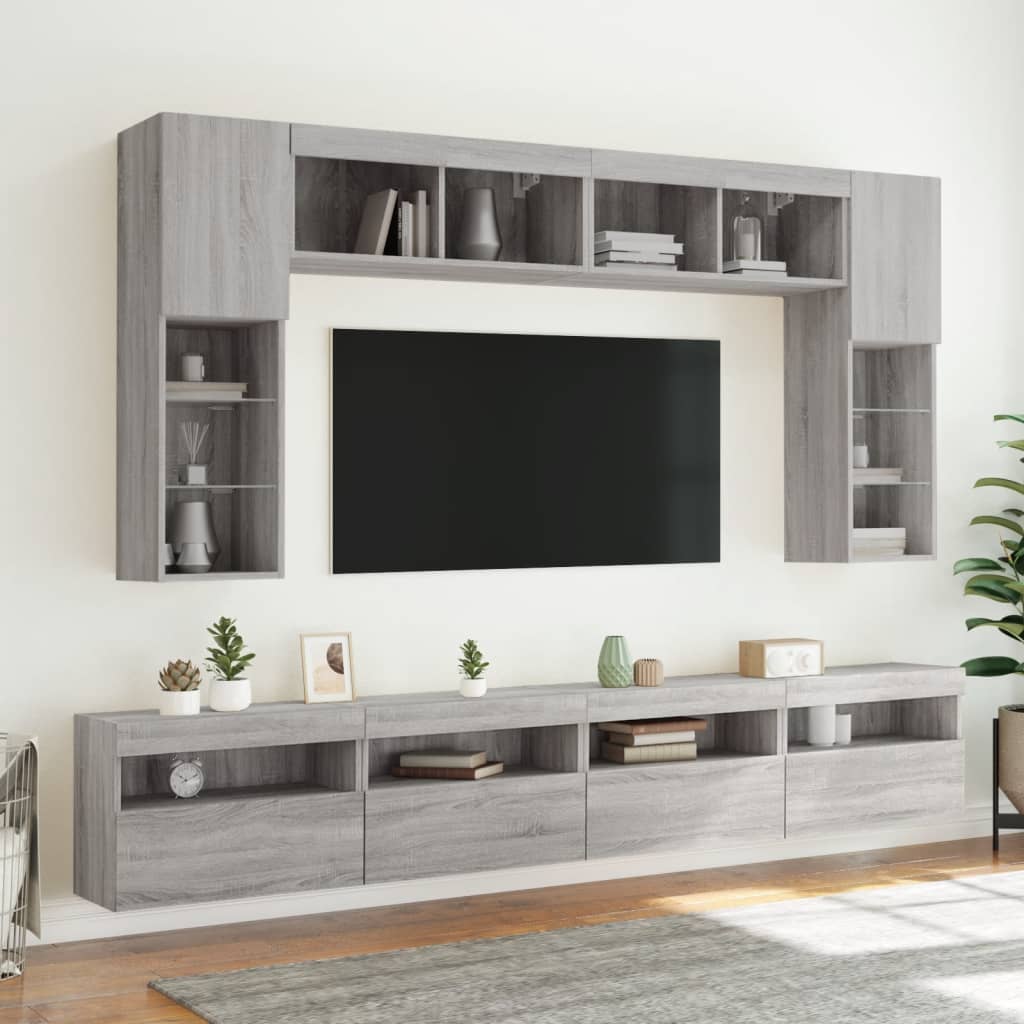 vidaXL 8-tlg. TV-Wohnwand mit LED-Leuchten Grau Sonoma