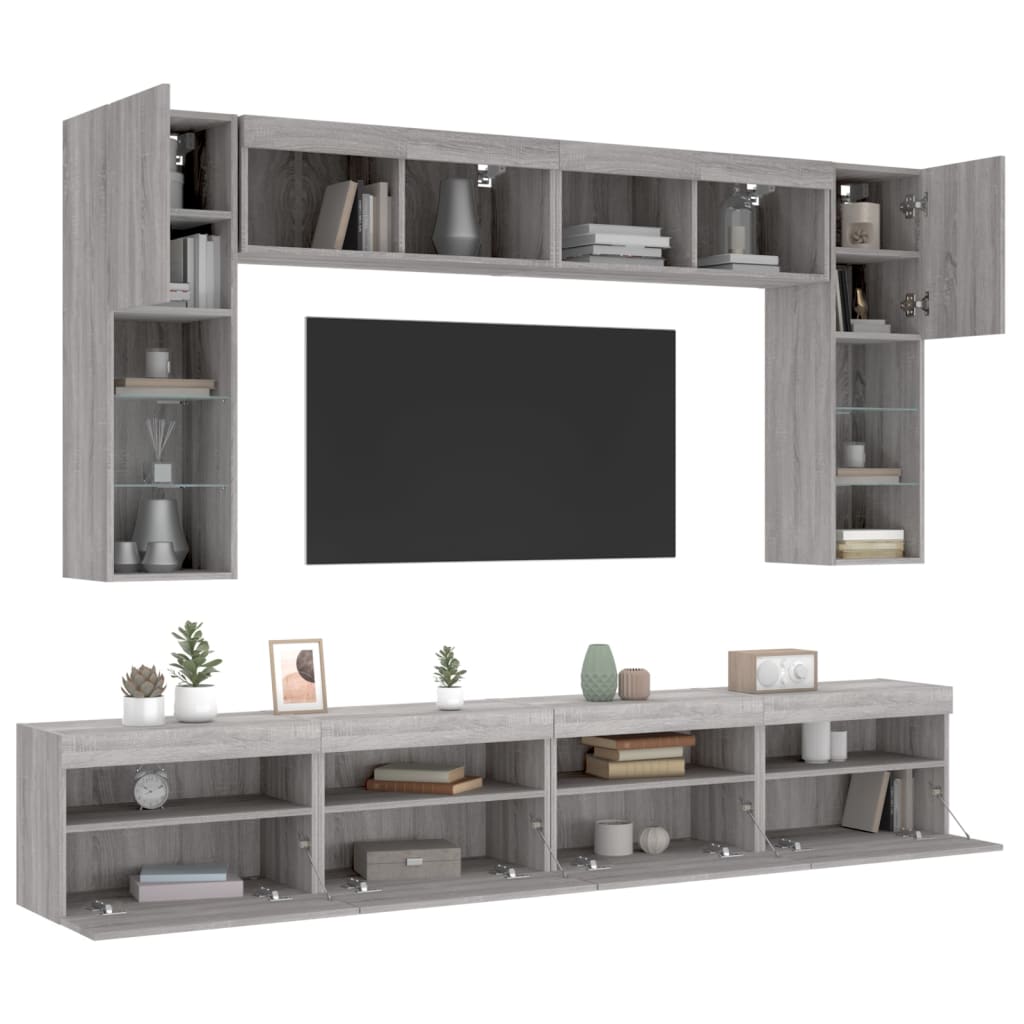 vidaXL 8-tlg. TV-Wohnwand mit LED-Leuchten Grau Sonoma