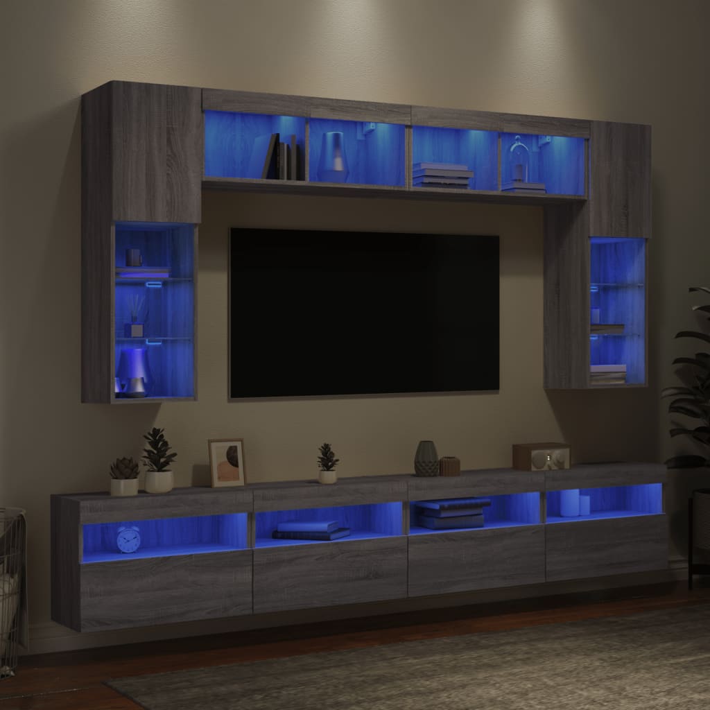 vidaXL 8-tlg. TV-Wohnwand mit LED-Leuchten Grau Sonoma