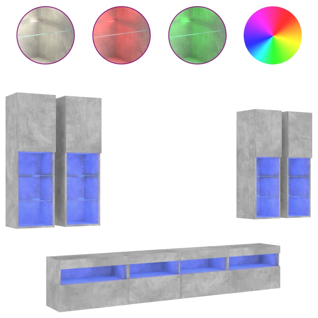 vidaXL 7-tlg. TV-Wohnwand mit LED-Leuchten Betongrau