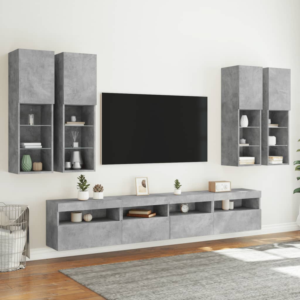 vidaXL 7-tlg. TV-Wohnwand mit LED-Leuchten Betongrau