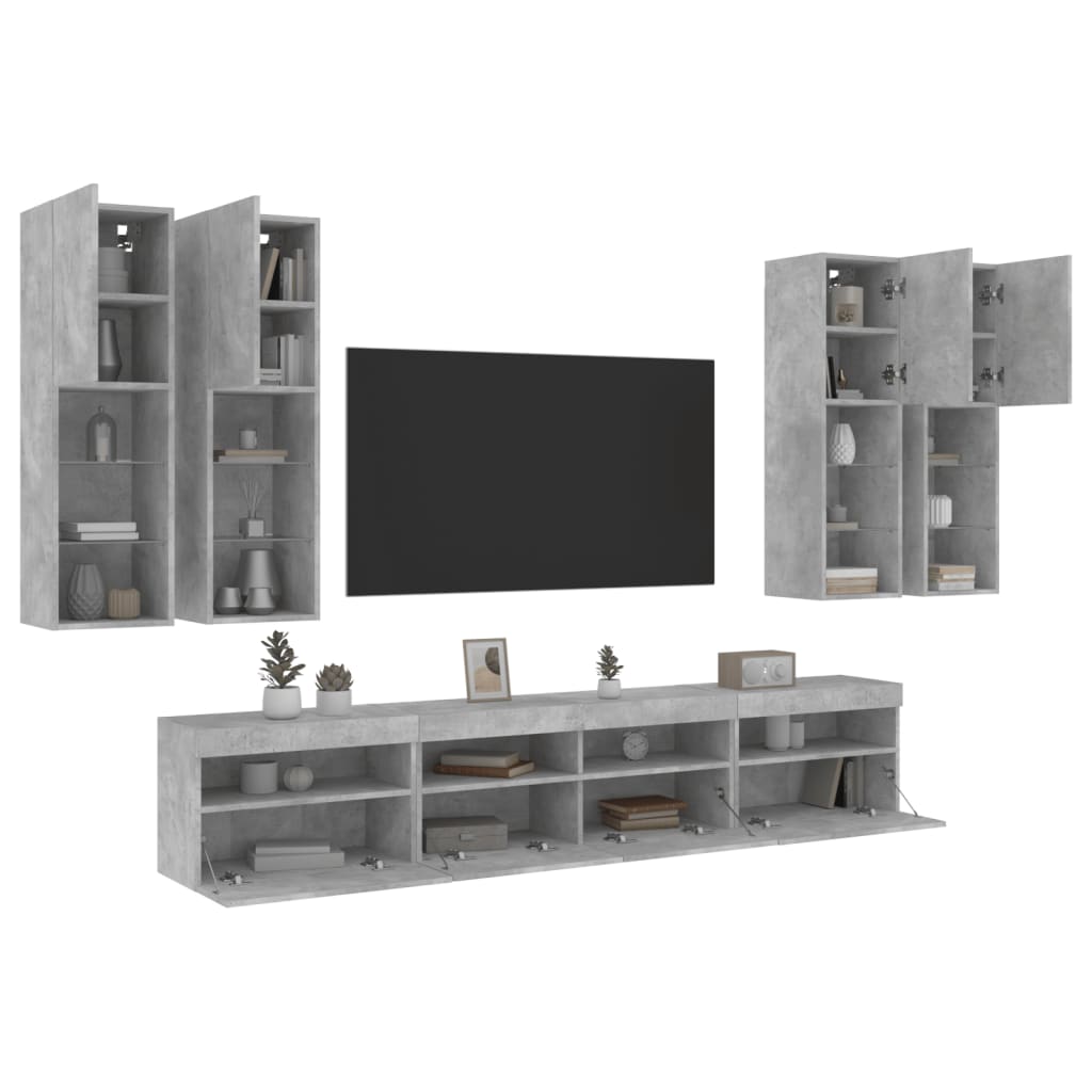 vidaXL 7-tlg. TV-Wohnwand mit LED-Leuchten Betongrau