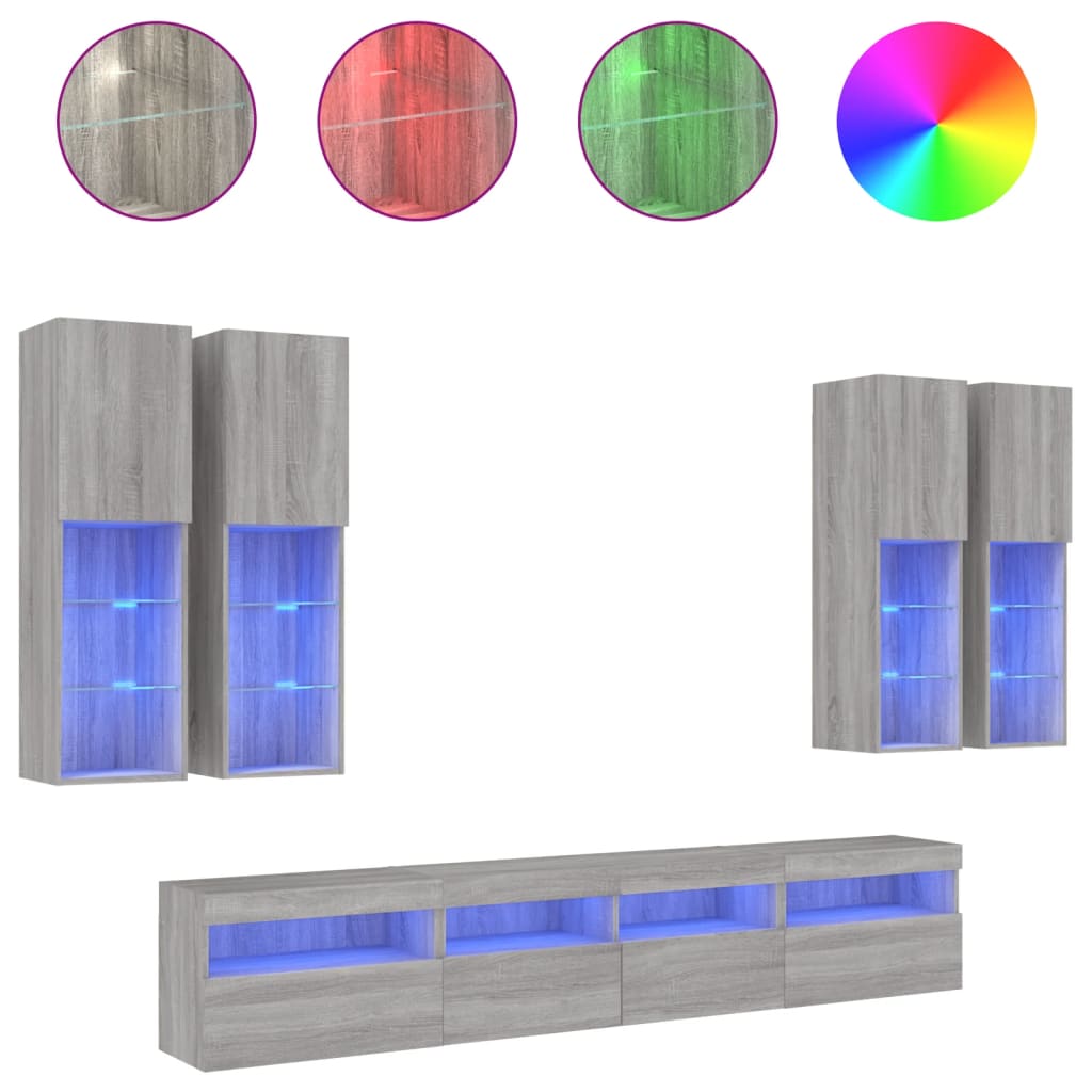 vidaXL 7-tlg. TV-Wohnwand mit LED-Leuchten Grau Sonoma