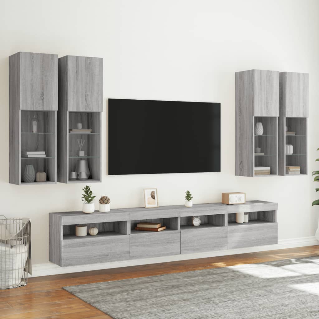 vidaXL 7-tlg. TV-Wohnwand mit LED-Leuchten Grau Sonoma