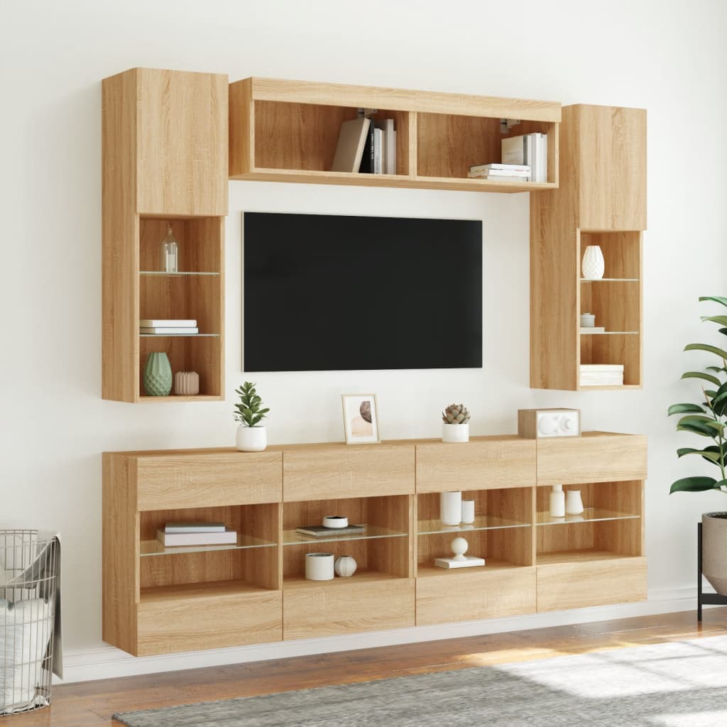 vidaXL 6-tlg. TV-Wohnwand mit LED-Leuchten Sonoma-Eiche