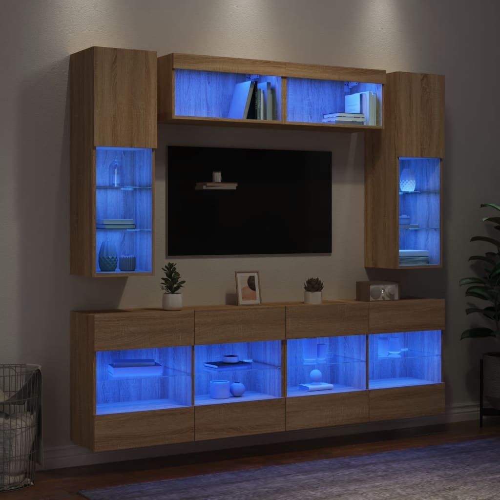 vidaXL 6-tlg. TV-Wohnwand mit LED-Leuchten Sonoma-Eiche