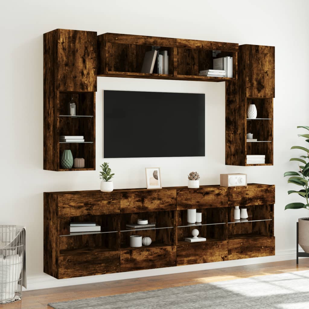 vidaXL 6-tlg. TV-Wohnwand mit LED-Leuchten Räuchereiche