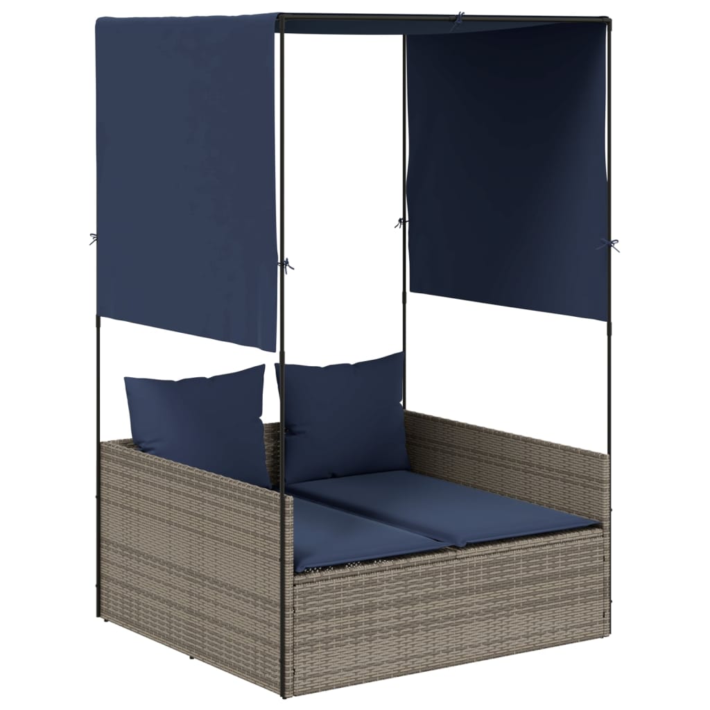 vidaXL Doppelte Sonnenliege mit Dach und Vorhängen, grau, Polyrattan