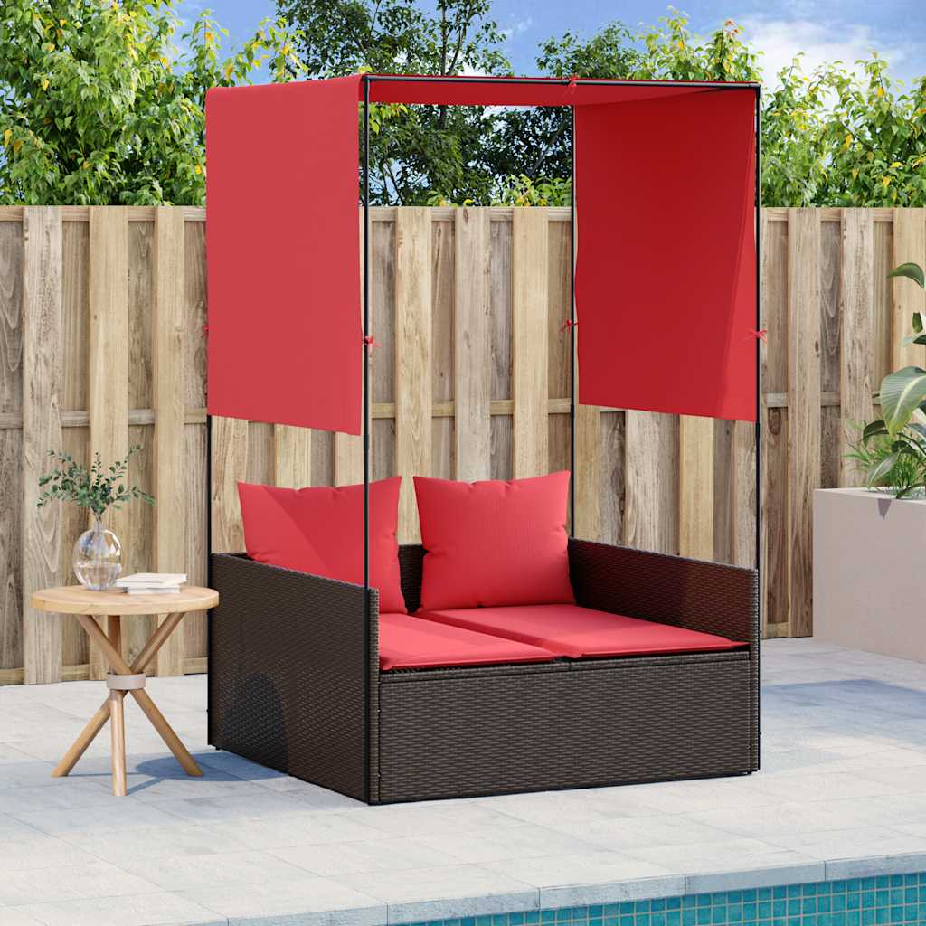 vidaXL Doppelte Sonnenliege mit Dach und Vorhängen Braun Poly Rattan