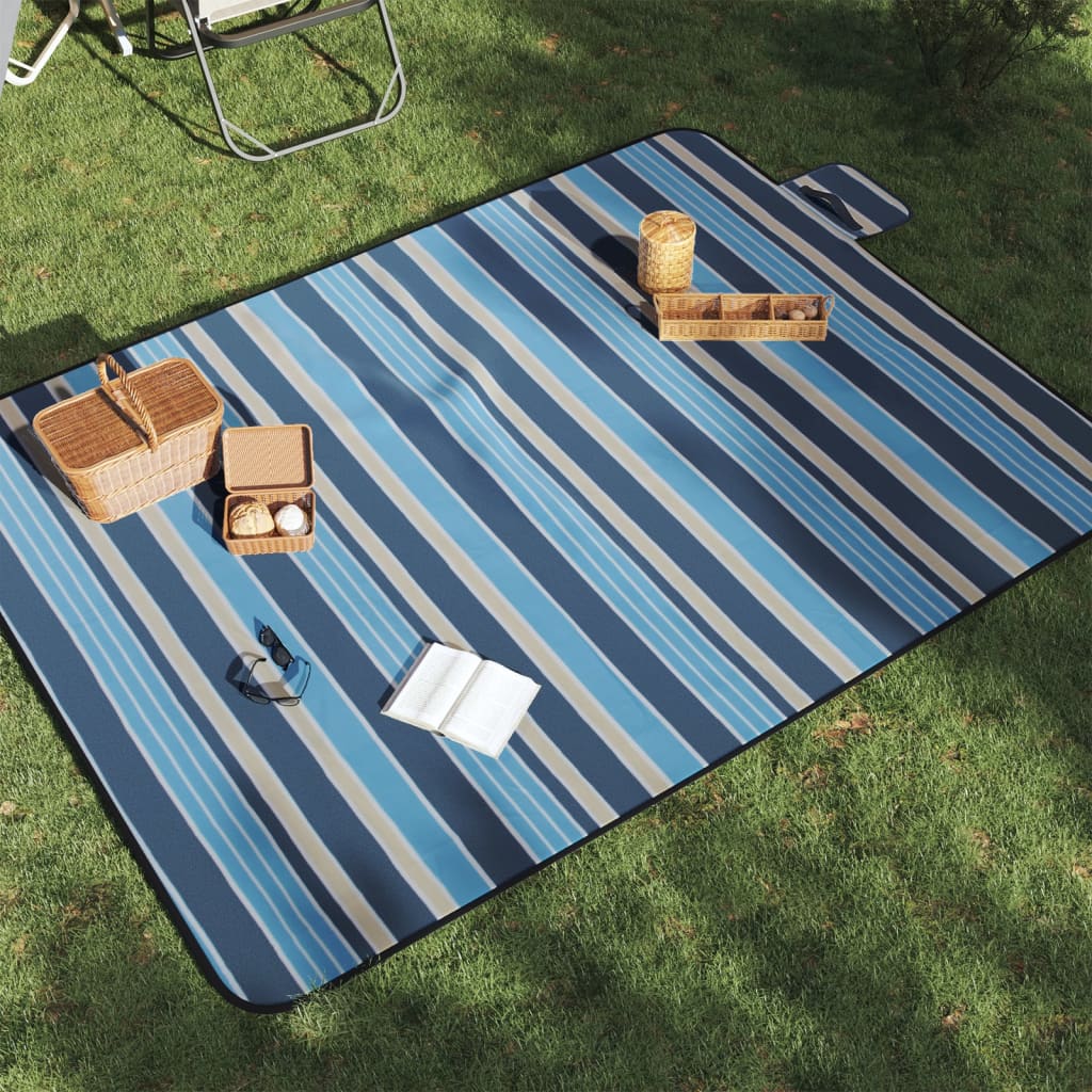 vidaXL Picknickdecke Faltbar Blau und Weiß Gestreift 200x150 cm Samt