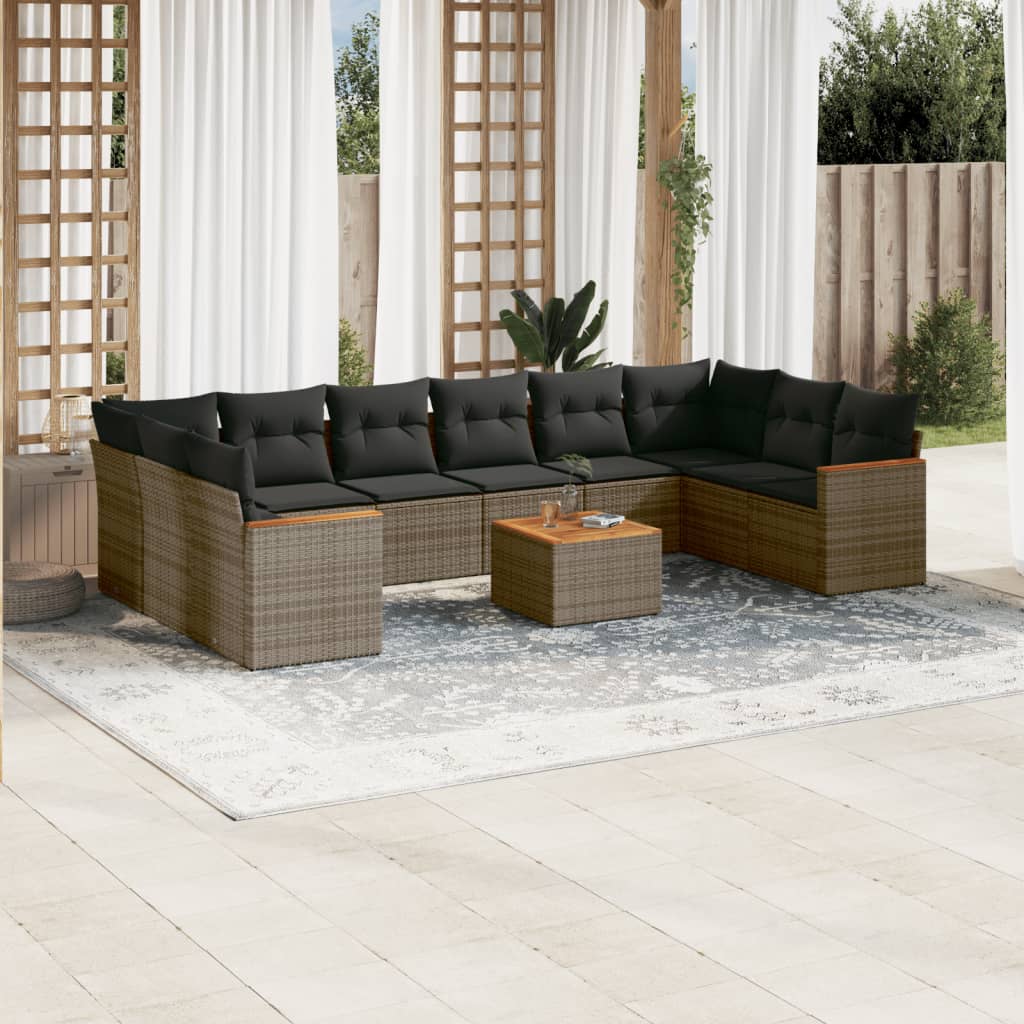 vidaXL 11-tlg. Garten-Sofagarnitur mit Kissen Schwarz Poly Rattan