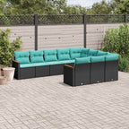vidaXL 10-teiliges Gartensofa-Set mit Kissen, schwarzes Polyrattan