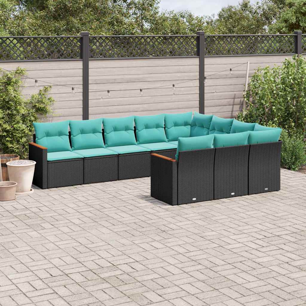 vidaXL 10-teiliges Gartensofa-Set mit Kissen, schwarzes Polyrattan