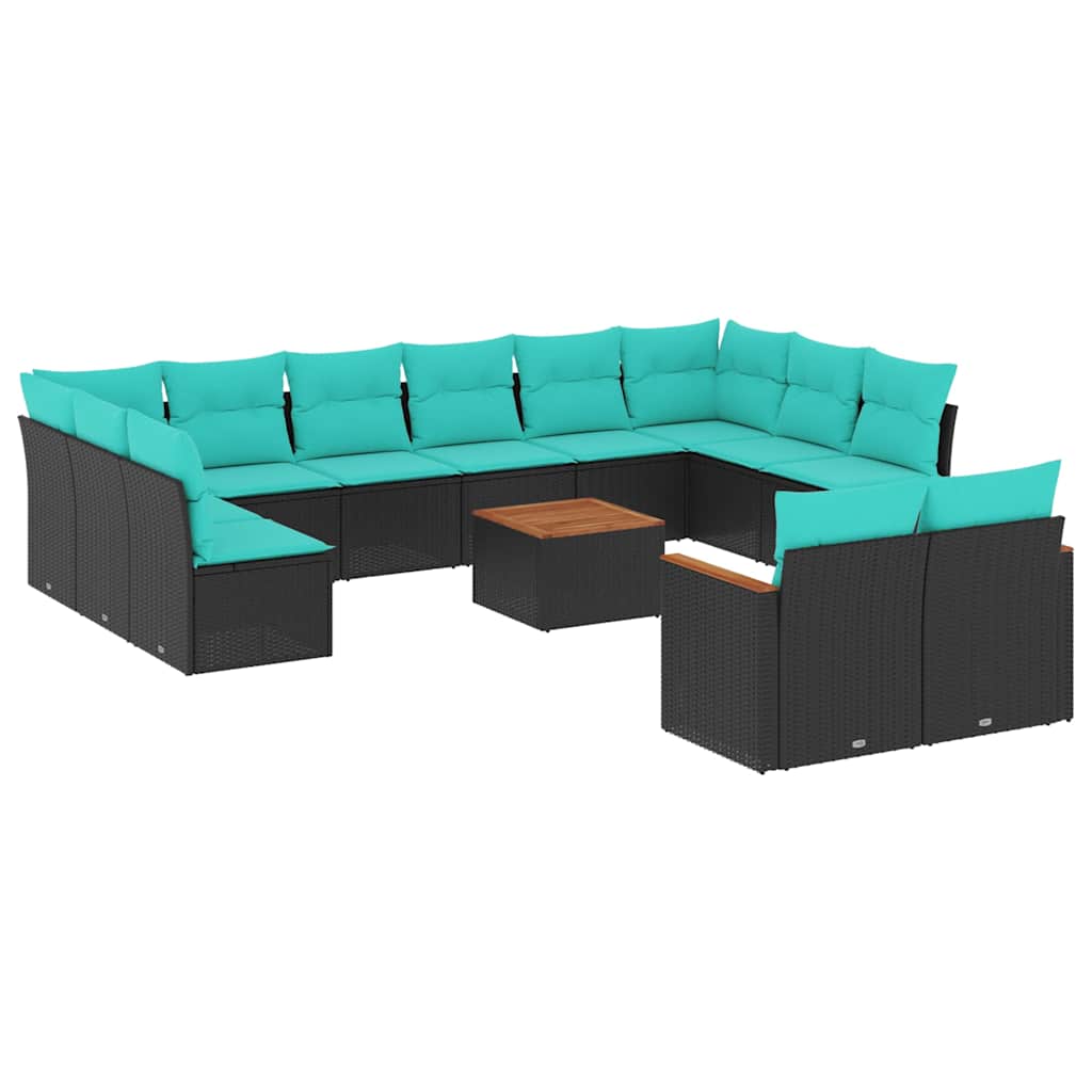 vidaXL 13-teiliges Gartensofa-Set mit Kissen, schwarzes Polyrattan