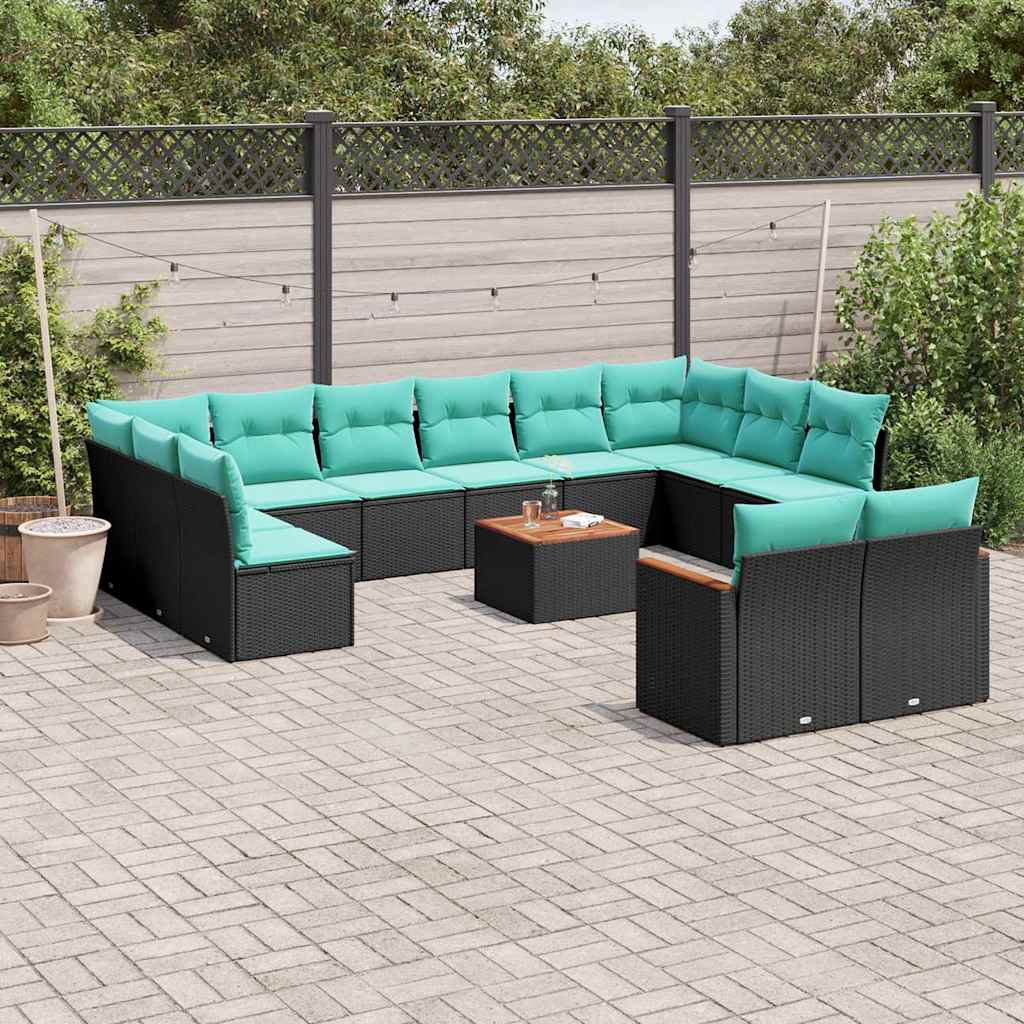 vidaXL 13-teiliges Gartensofa-Set mit Kissen, schwarzes Polyrattan