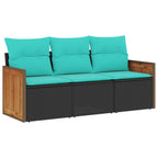 vidaXL 3-teiliges Gartensofa-Set mit Kissen, schwarzes Polyrattan