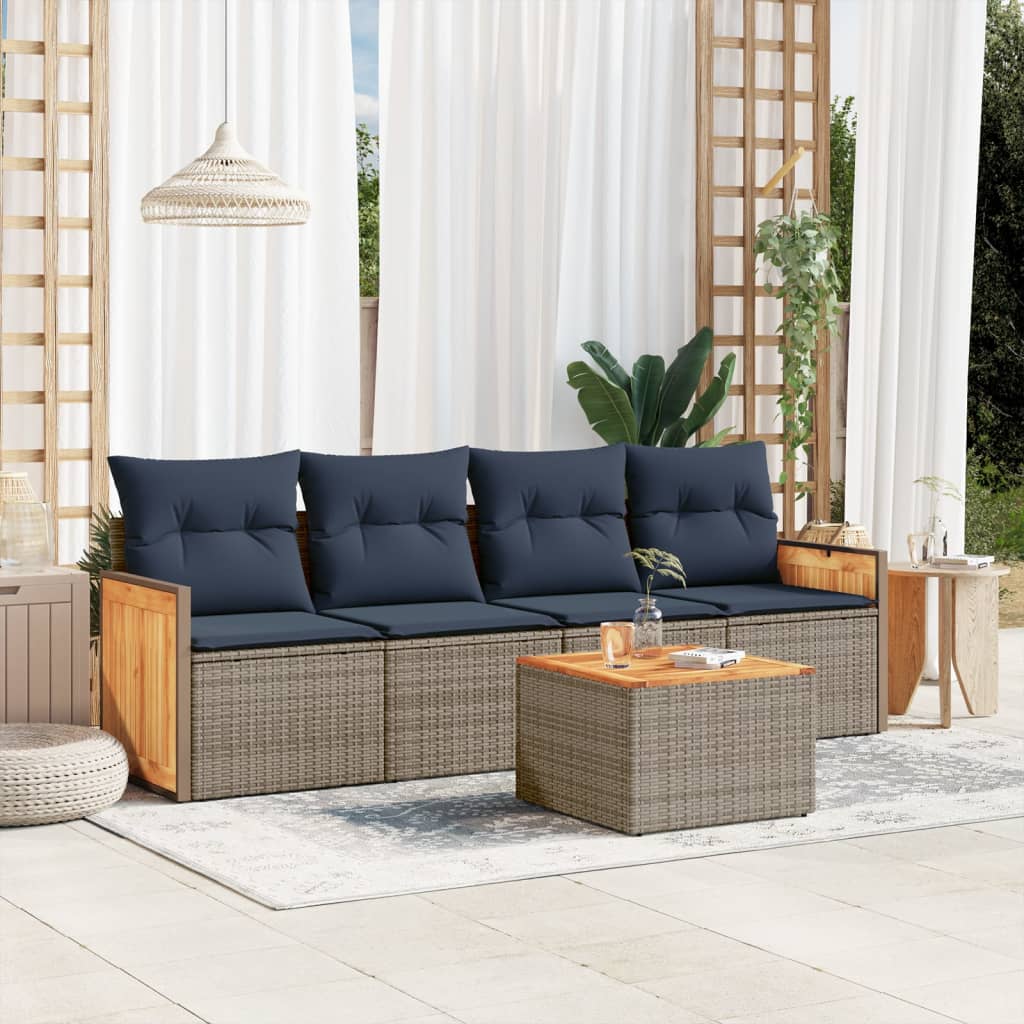 vidaXL 5-teiliges Gartensofa-Set mit Kissen, grau, Polyrattan