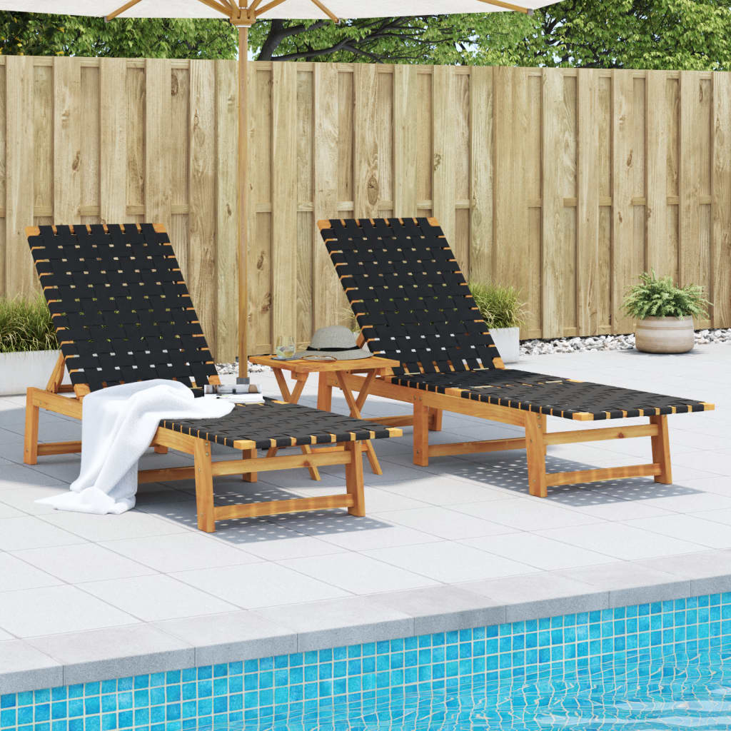 vidaXL Sonnenliegen 2 Stk. mit Tisch Schwarz Massivholz Akazie