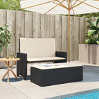 vidaXL Gartenbank mit Kissen und Hocker Schwarz Poly Rattan