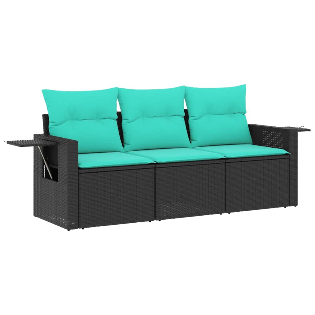 vidaXL 3-teiliges Gartensofa-Set mit Kissen, schwarzes Polyrattan