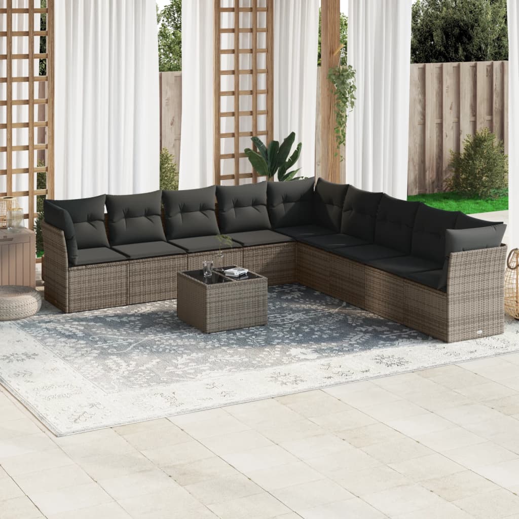 vidaXL 10-tlg. Garten-Sofagarnitur mit Kissen Schwarz Poly Rattan