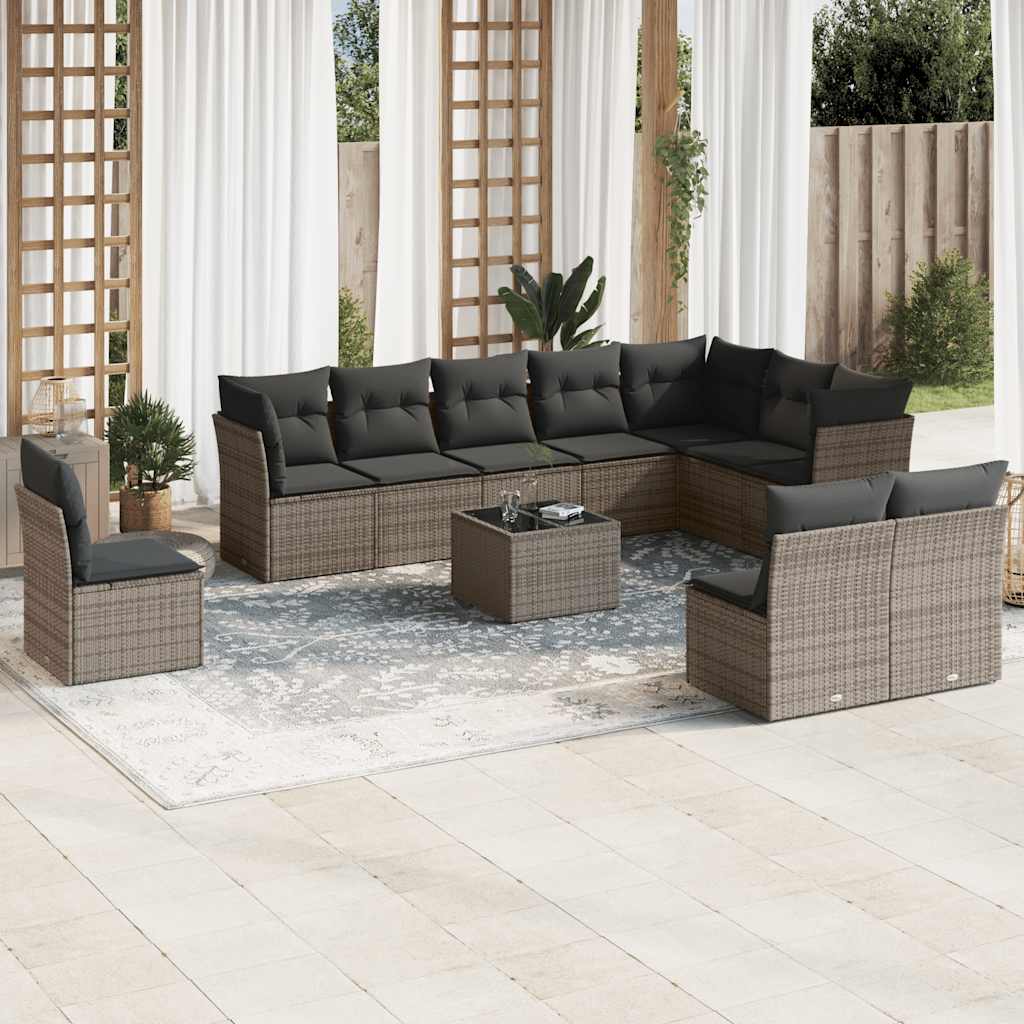 vidaXL 11-tlg. Garten-Sofagarnitur mit Kissen Schwarz Poly Rattan
