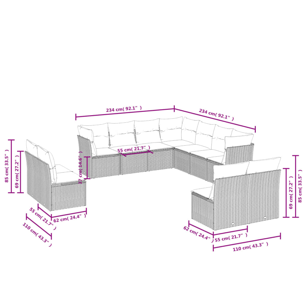 vidaXL 11-teiliges Gartensofa-Set mit Kissen, schwarzes Polyrattan