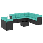 vidaXL 10-teiliges Gartensofa-Set mit Kissen, schwarzes Polyrattan