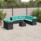 vidaXL 10-teiliges Gartensofa-Set mit Kissen, schwarzes Polyrattan