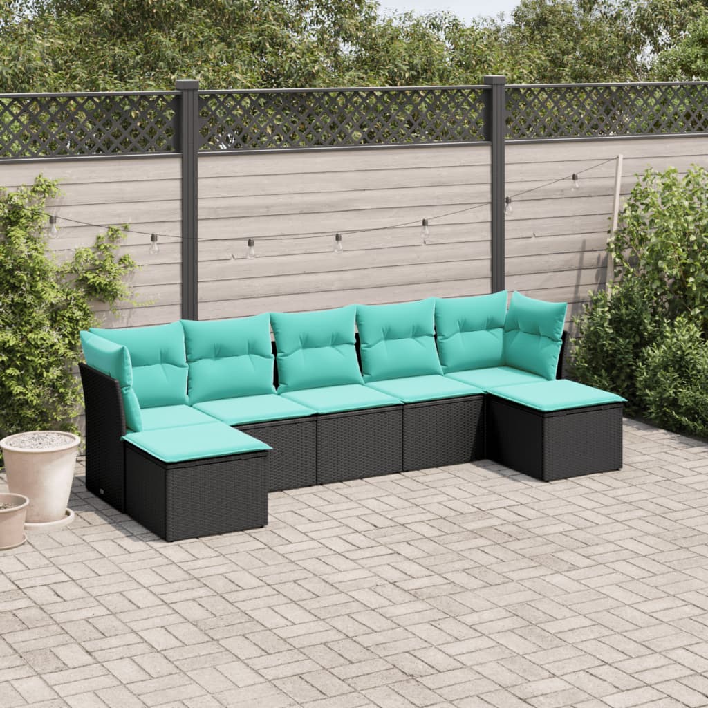 vidaXL 7-teiliges Gartensofa-Set mit Kissen, schwarzes Polyrattan