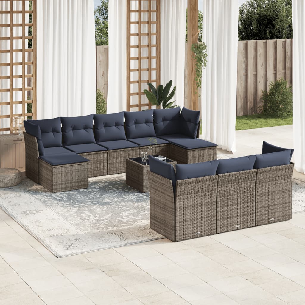vidaXL 11-teiliges Gartensofa-Set mit Kissen, grau, Polyrattan