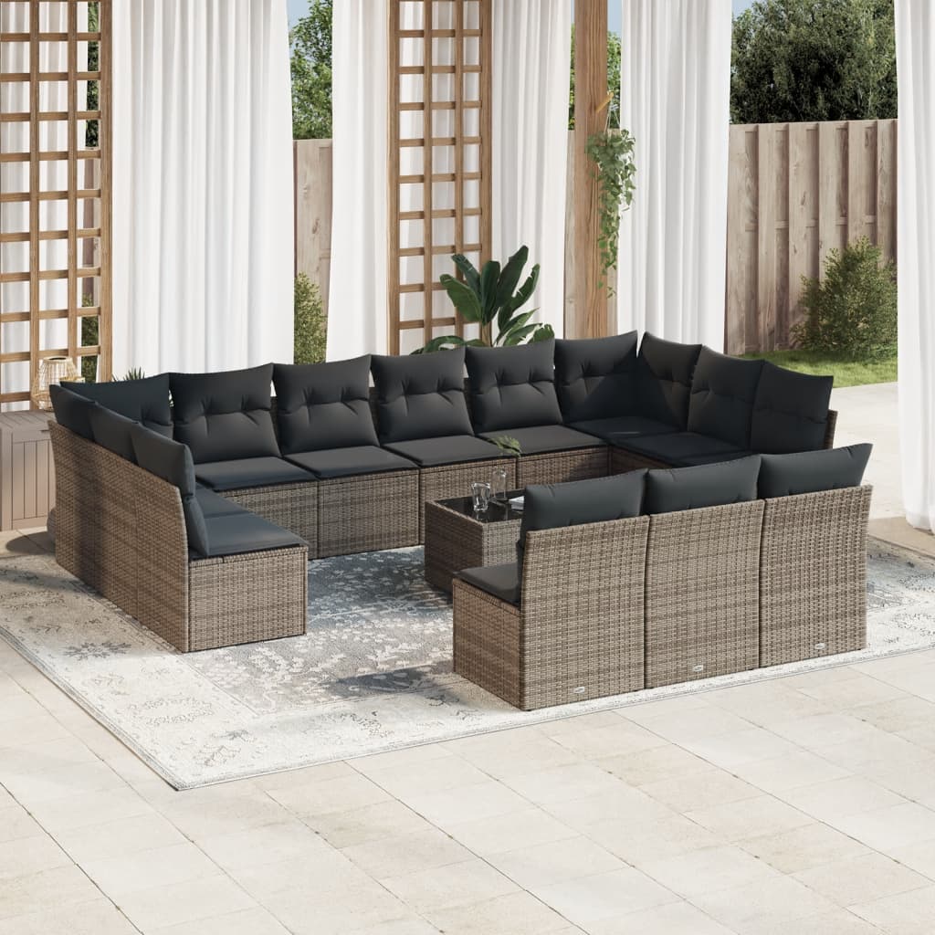 vidaXL 14-tlg. Garten-Sofagarnitur mit Kissen Schwarz Poly Rattan