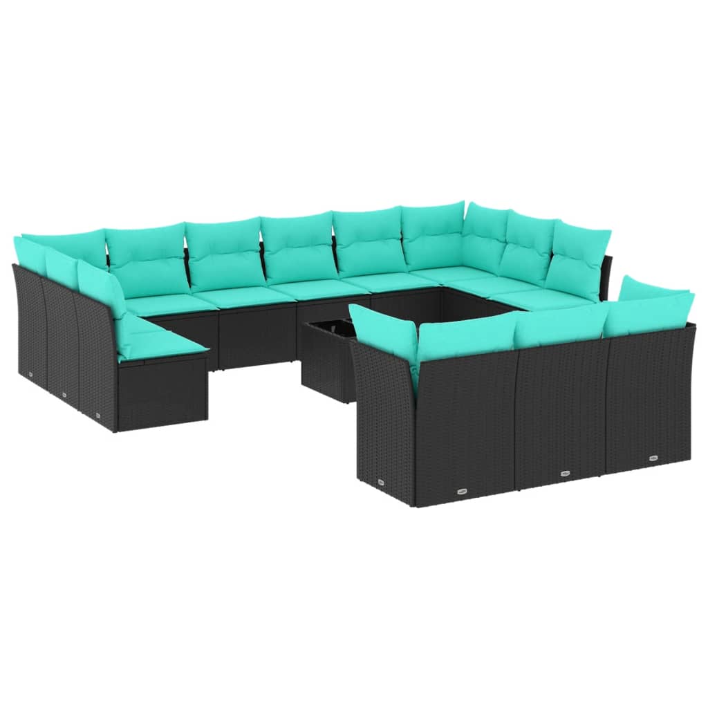 vidaXL 14-teiliges Gartensofa-Set mit Kissen, schwarzes Polyrattan