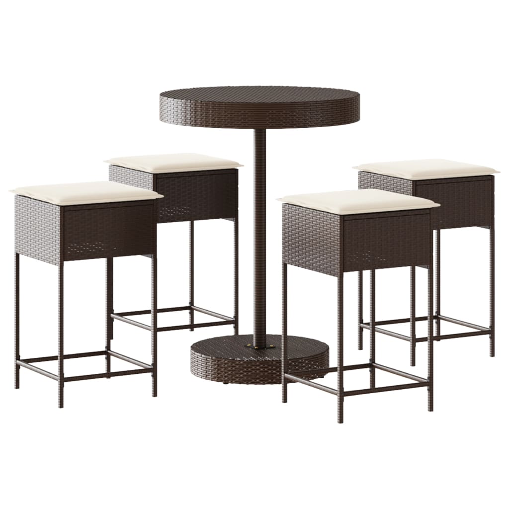 vidaXL 5-tlg. Gartenbar-Set mit Kissen Braun Poly Rattan