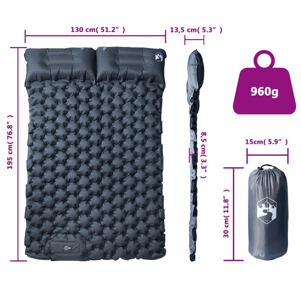 vidaXL Doppel-Isomatte mit Kissen Selbstaufblasend Grau