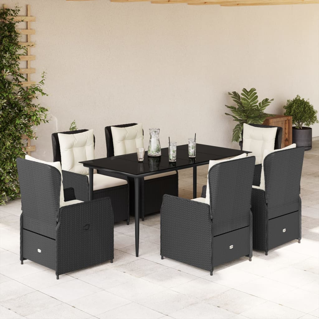 vidaXL 7-tlg. Garten-Essgruppe mit Kissen Schwarz Poly Rattan