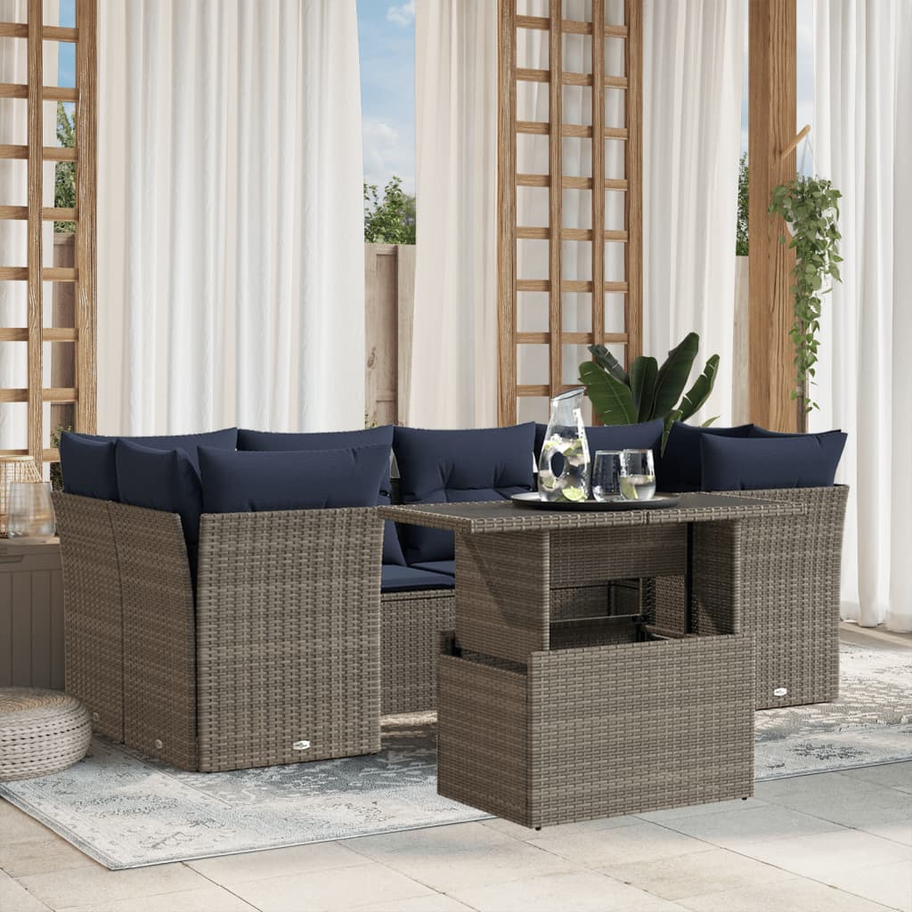 vidaXL 7-teiliges Gartensofa-Set mit Kissen, grau, Polyrattan
