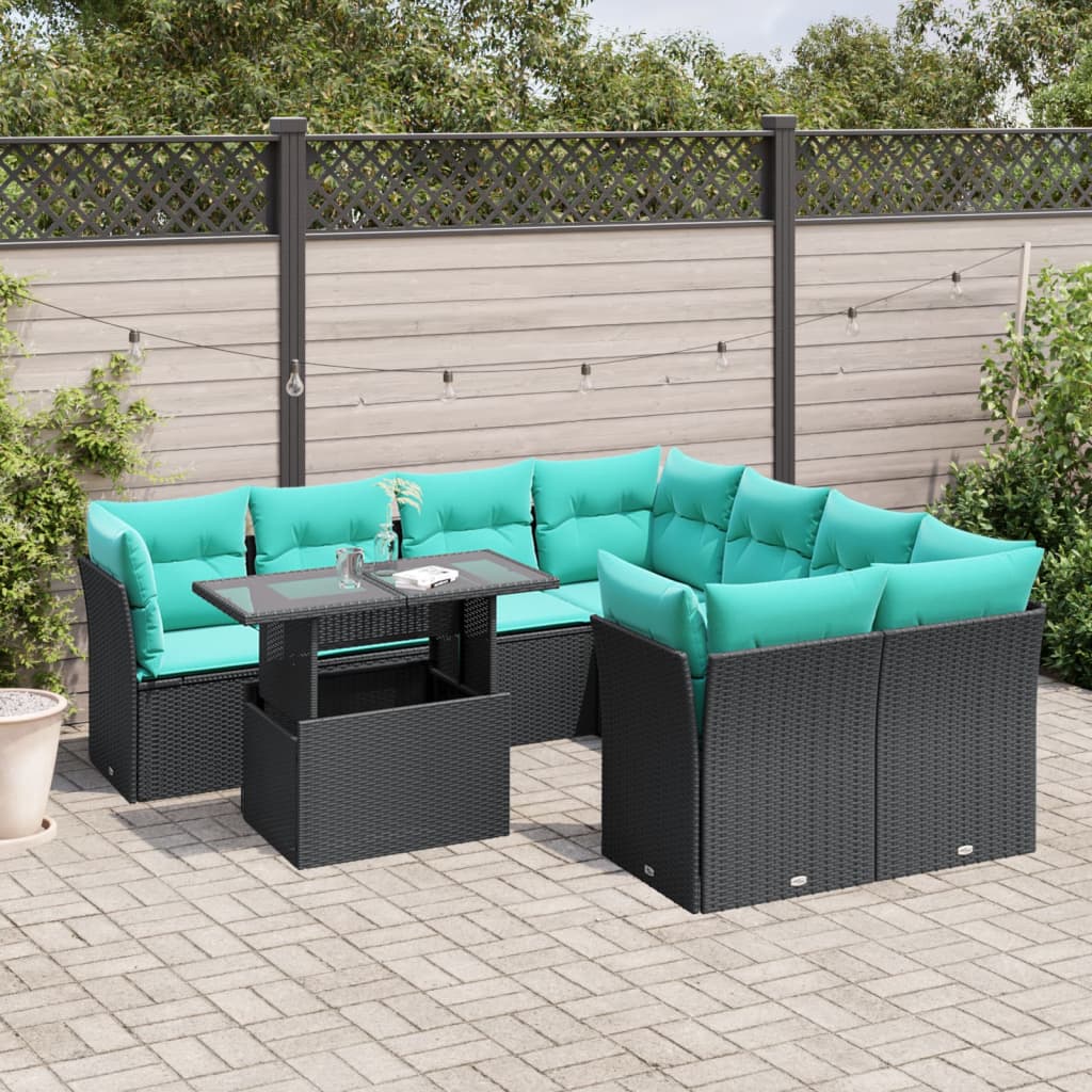 vidaXL 9-teiliges Gartensofa-Set mit Kissen, schwarzes Polyrattan