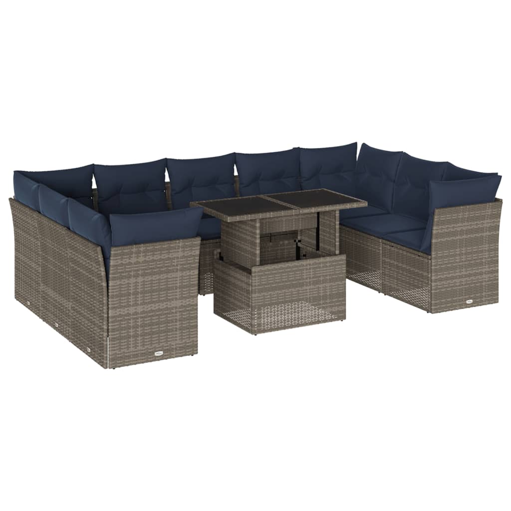 vidaXL 10-teiliges Gartensofa-Set mit Kissen, grau, Polyrattan