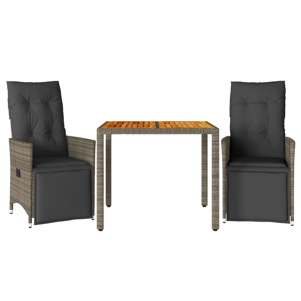 vidaXL 3-tlg. Garten-Bistro-Set mit Kissen Grau Poly Rattan