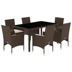 vidaXL 7-tlg. Garten-Essgruppe mit Kissen Braun Poly Rattan und Glas