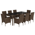 vidaXL 9-tlg. Garten-Essgruppe mit Kissen Braun Poly Rattan Glas